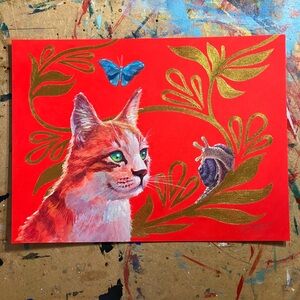 Original cat painting snail butterfly art gold accents nature decor surrealism